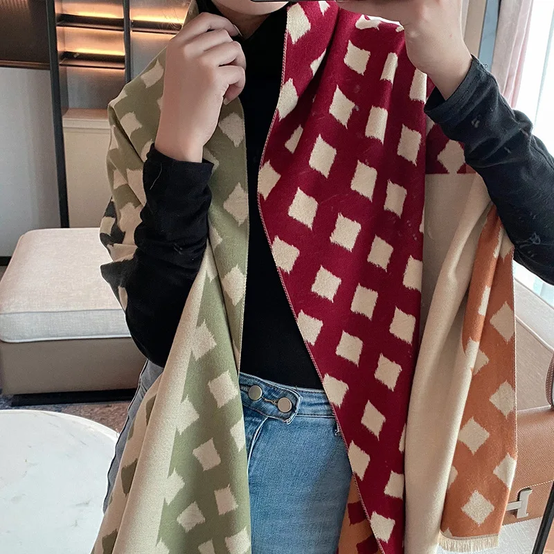 

Autumn and Winter Short Beard Tassel Warm Scarf All-Match Jacquard Thickened Decoration Shawl Artificial Cashmere Scarf Women
