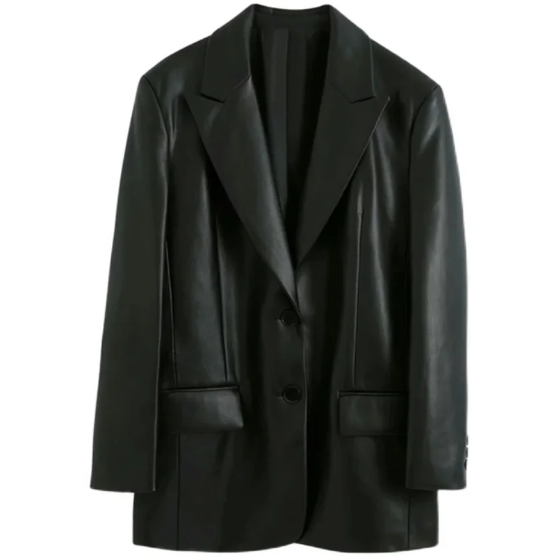 

2020 New Autumn And Winter Notched Full Sleeves PU Leather Pocket Wide Big Size Female Loose Blazer Fashion C224