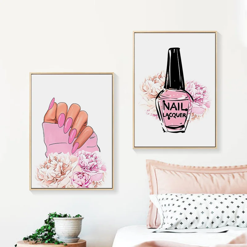 Современный модный постер розовый лак для ногтей Картина на холсте с цветами