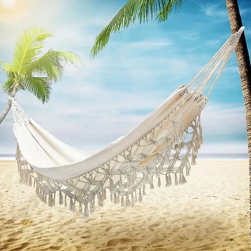 

Indoor and Outdoor Camping White Tassel Hammock Without Bracket