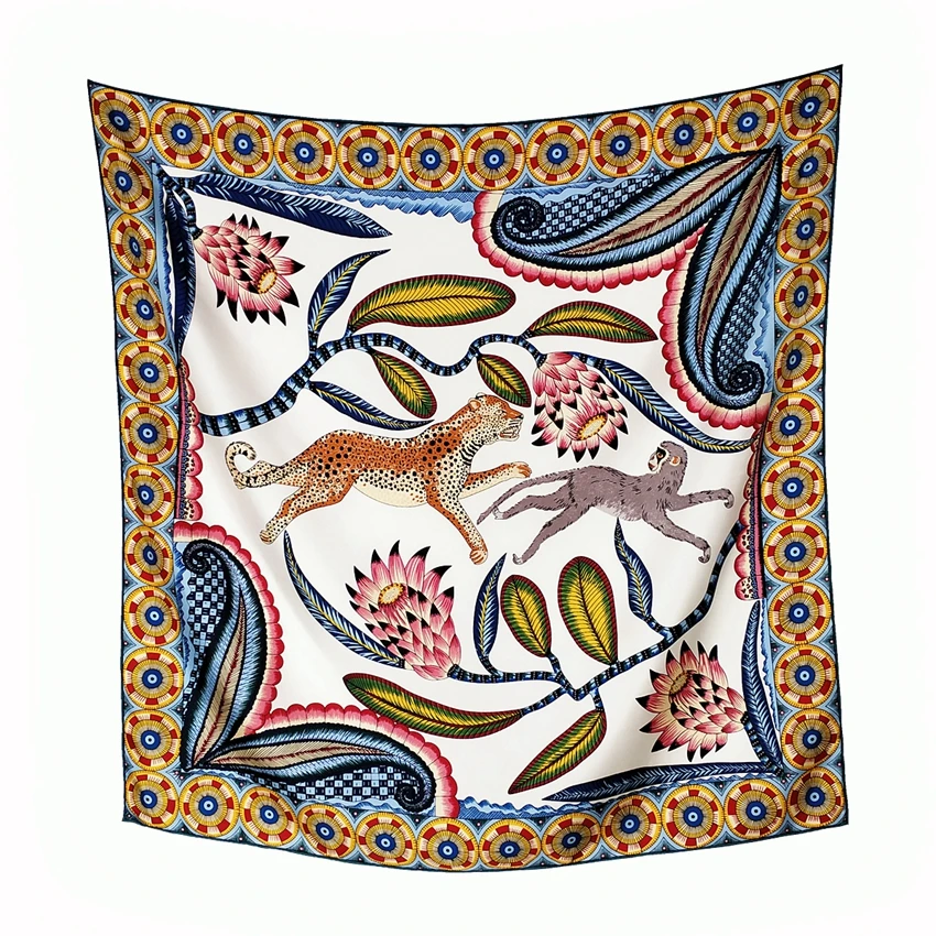 

100% Real Silk Scarf Shawl "Monkey and Leopard"