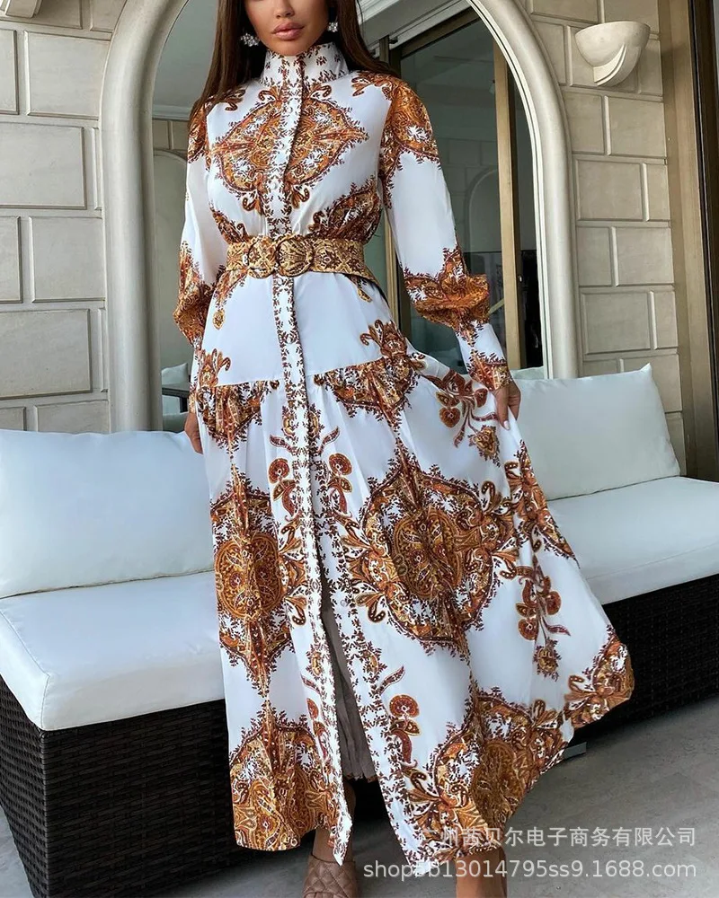 

Printed stand collar waist dress, elegant club party dress, new retro print temperament stand collar waist dress