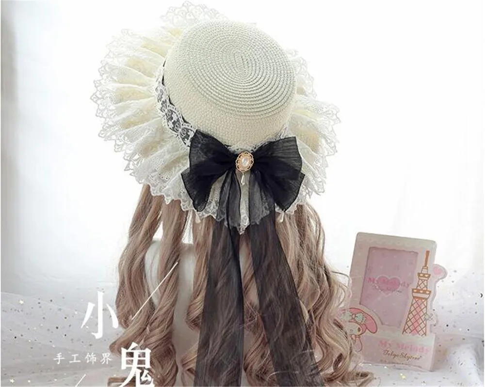 

Fairy Kawaii Princess Mori Girl Summer Straw Hat Women's Beach Sun Hat Japanese Sweet Lolita Lace Bow Ribbon Flat Top Headwear