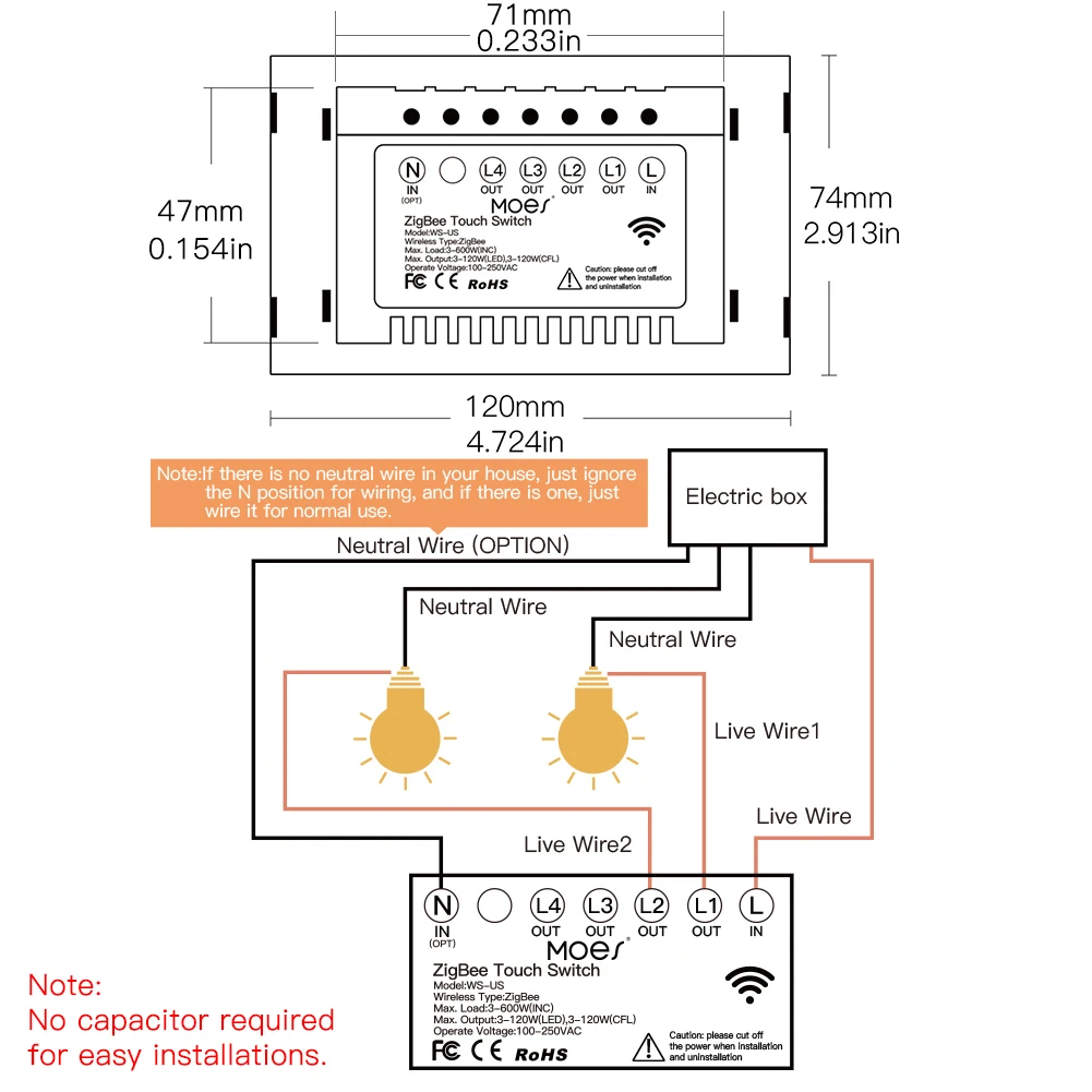 Умный сенсорный выключатель света Tuya ZigBee нейтральный/без конденсатора Smart Life/Tuya
