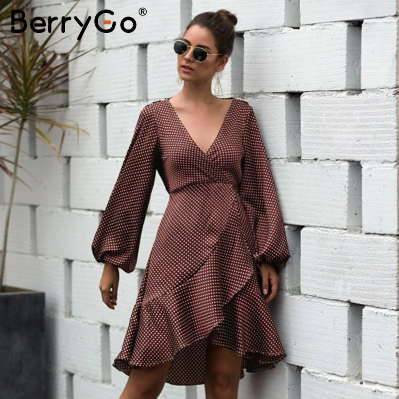 BerryGo элегантный в горошек платье женское сексуальное с оборками v образный вырез