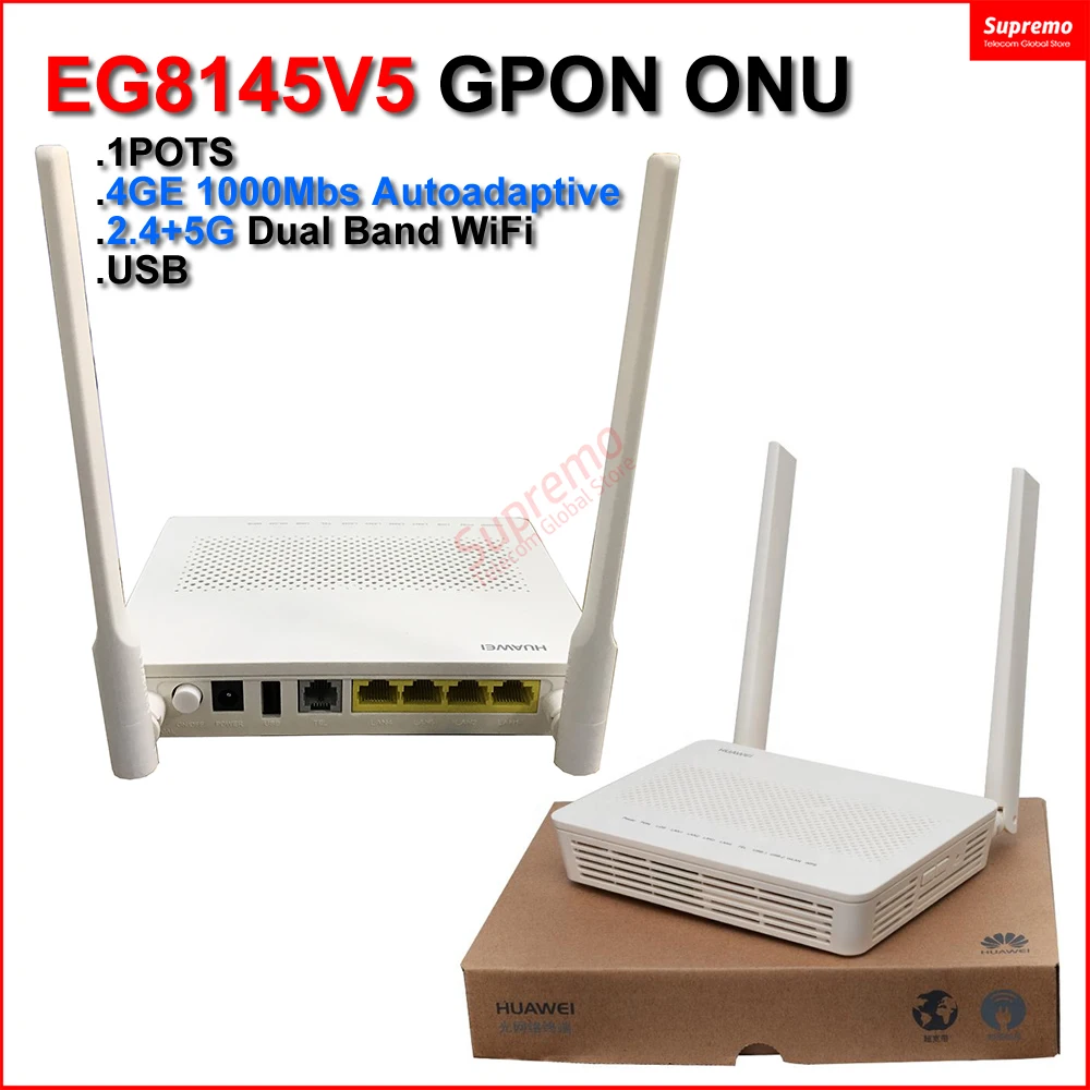 

5pcs Brand 100% NEW EG8145V5 1POTS+4GE+Wi-Fi+USB Dual Band 5G WIFI ONU GPON ONU AND APC INTERFACE Optical Network Terminal ONT