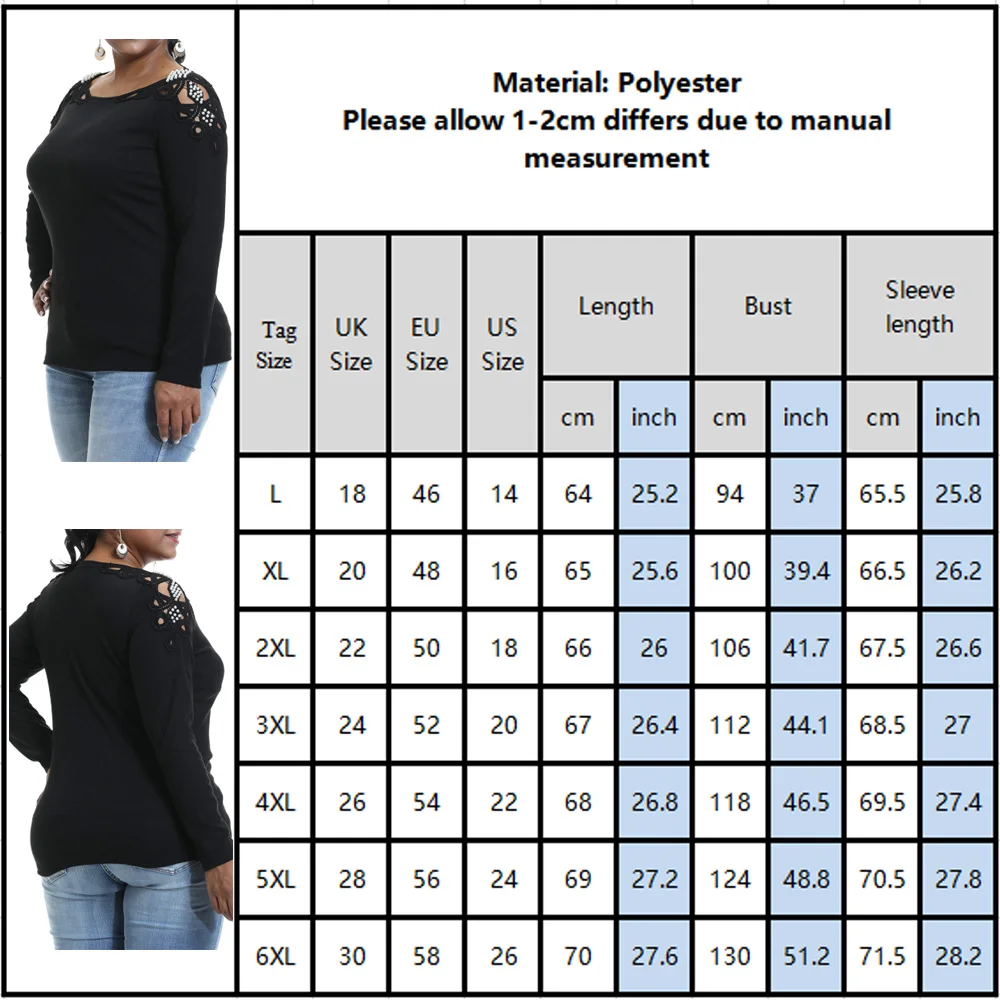

Sale Fashion Long Sleeve Hollow T-shirt Women Beading Solid O Neck Plus Size Tops Sexy Spring Autumn 4XL D30