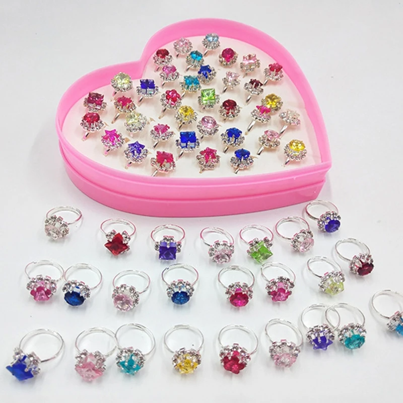 

12/36 Pcs/box Adjustable Alloy Baby Girl Rings Fashion Cartoon Children Girl Rings with Heart Shaped Showcase for Birthday Party
