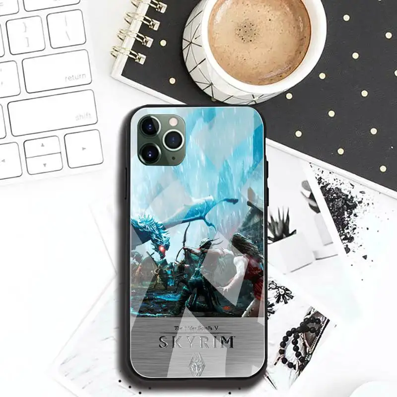 Чехол для телефона с логотипом видеоигры Skyrim закаленное стекло iPhone 12 11 Pro Max Mini XR XS
