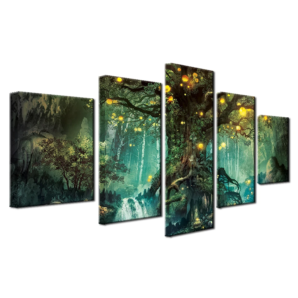 

HD Printed Home Decor Paintings On Canvas Wall Art 5 Pieces Enchanted Tree Scenery Modular Vintage Pictures For Living Room