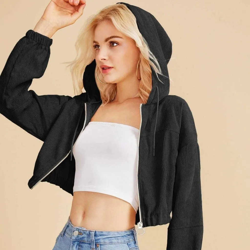 

2021 Women Casual Solid Corduroy Zip-Up Pocket Shirt Hooded Sweatshirt Cropped Jacket Camisas Mujer Streetwear Pullover Clothes