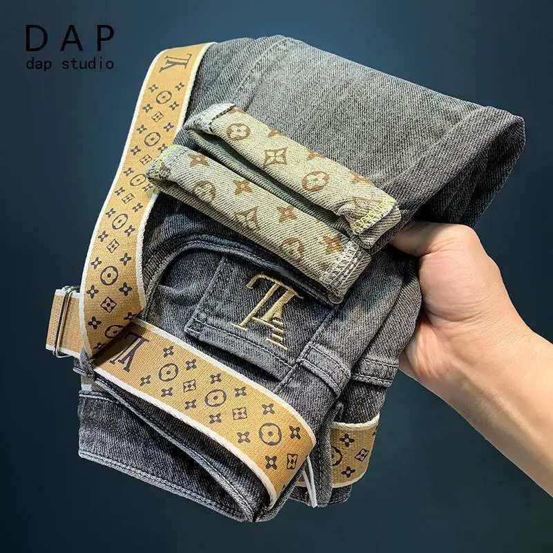 

Spring autumn 2021 new denim jeans men's embroidery stretch pants free waist belt Slim Harlan feet cropped teenager pencil pants
