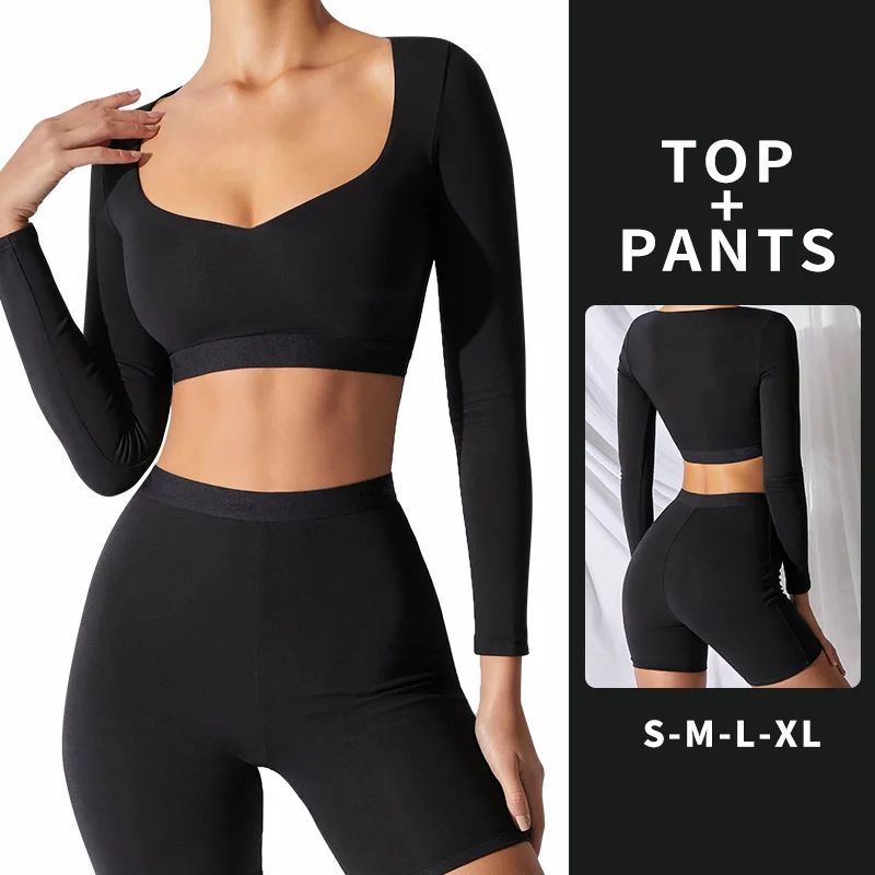 

Бесшовный комплект для йоги, Женский комплект из двух предметов, короткий топ с длинным рукавом, футболка, леггинсы, спортивный костюм, одеж...