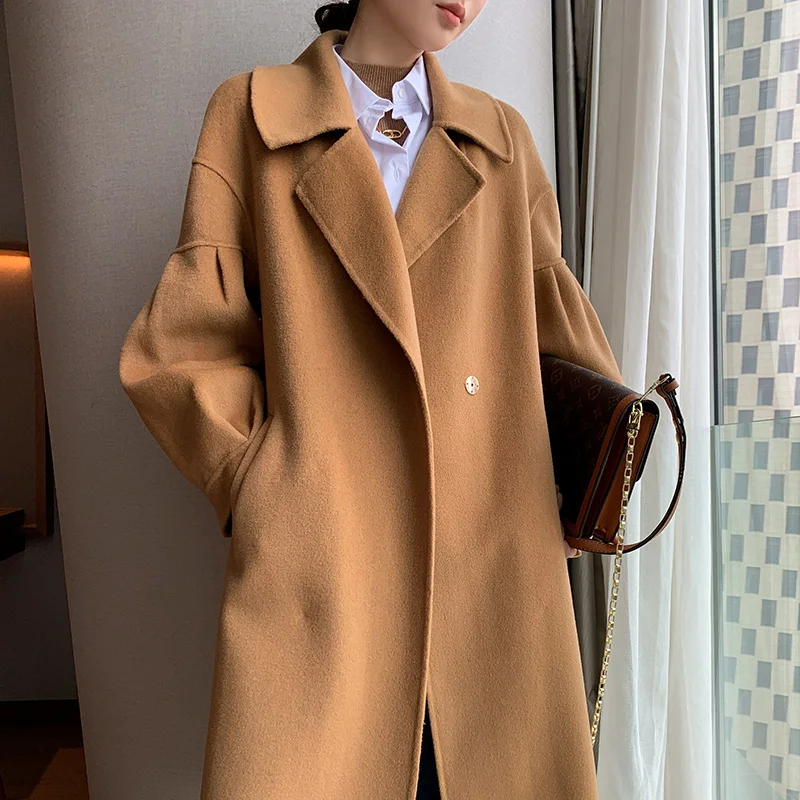 

2021 100% pure wool coat women's autumn high street lapel long sleeve coat gray camel women's long cashmere coat