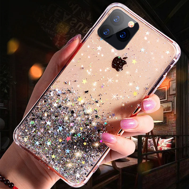 glitter foil powder case for iphone 11 pro xs max xr x bling phone case for iphone 11 8 7 6 6s plus soft tpu clear cover free global shipping