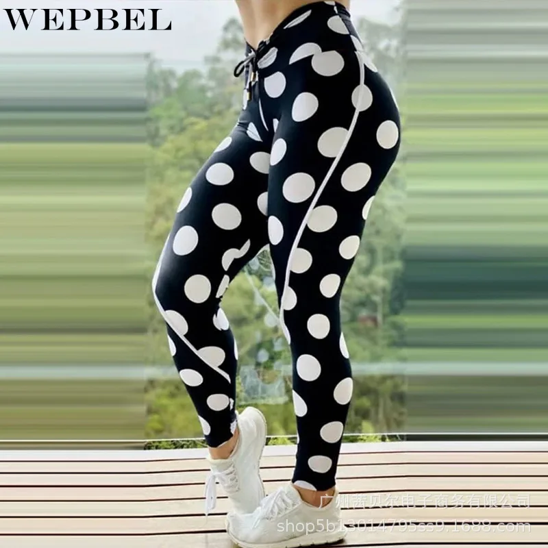 

WEPBEL Long Pants Women's Casual Dotted Prints Slim Trousers Spring and Summer Fashion High Waist Lace-up Sports Pencil Pants