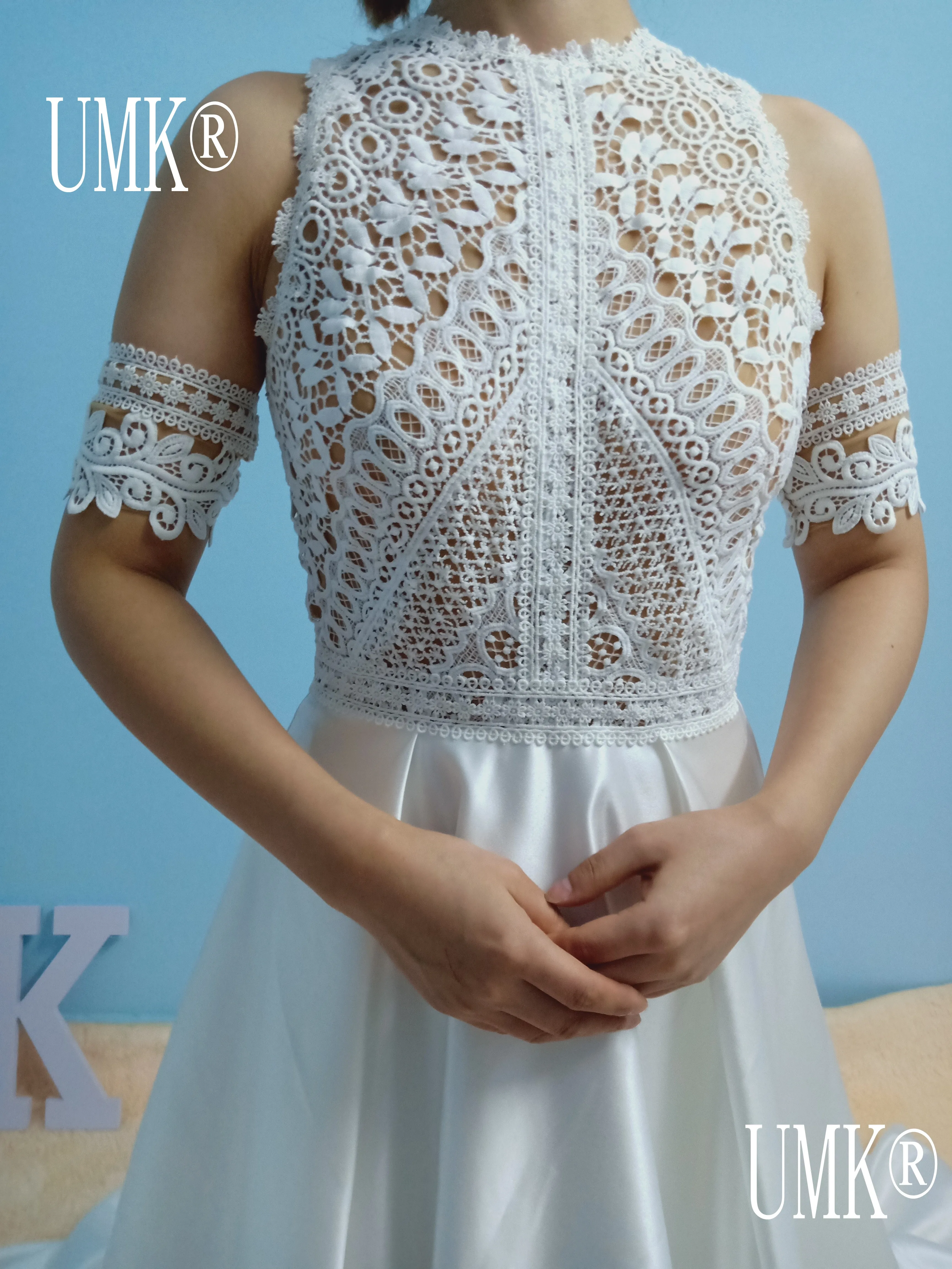 Атласное свадебное платье UMK в стиле бохо кружевное платье-трапеция со съемным