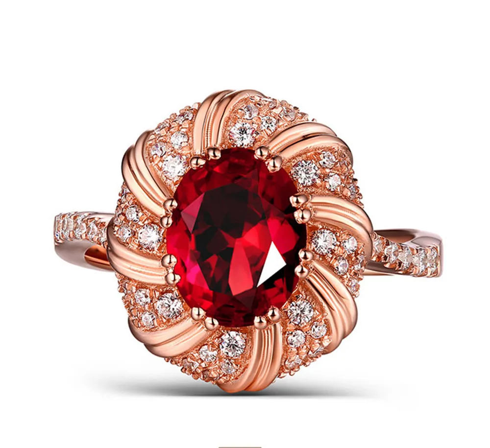 Кольцо женское под розовое золото с рубинами и красными кристаллами sizes678910 |