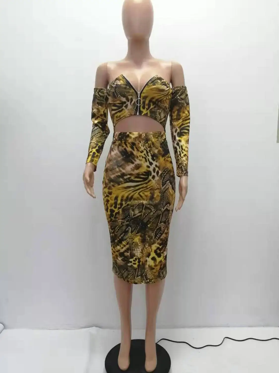 Echoine Autumn Leopard Print Zipper Up Off Shoulder Top Mid Calf Skirt Suit Two Piece Set Tracksuit Night Club Party Outfit XXL |