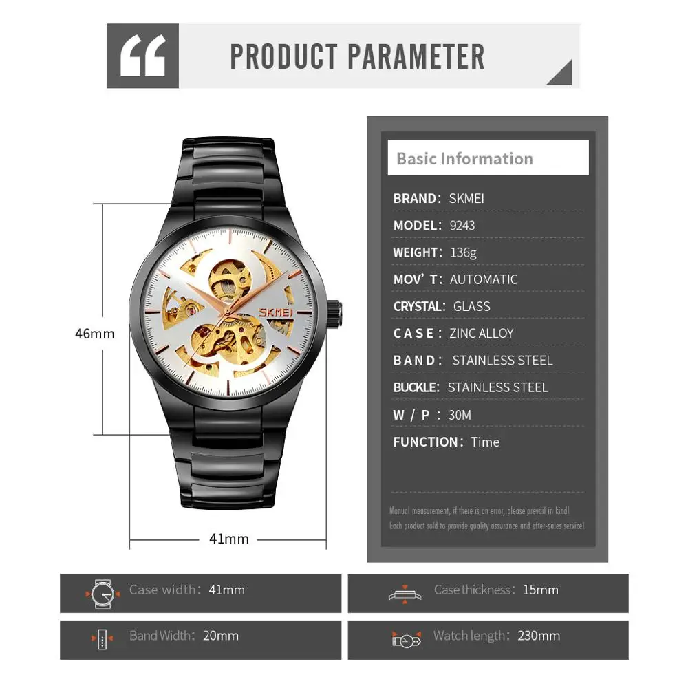 

SKMEI Creative Automatic Mechanical Watches For Mens Fashion Business Men Mechanical Wrist Watch Male Clock reloj hombre 9243