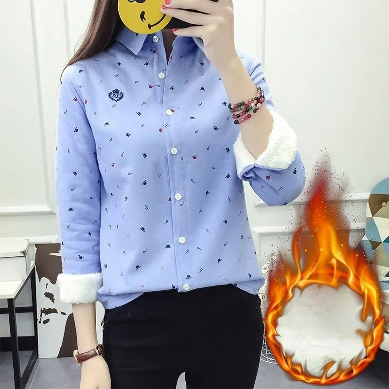 

Thick Velvet Shirts Women Striped Embroidery Turndown Collar Retro Warm Autumn Winter Long Sleeve Blouse Femme Clothes X375
