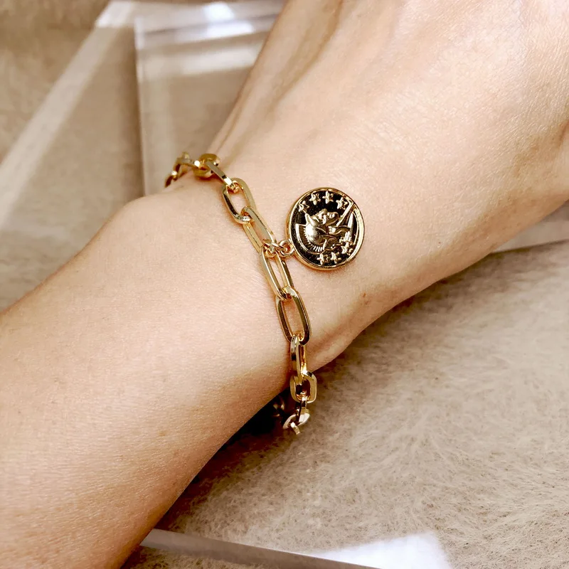 

F.J4Z Hot Punk Golden Bangle Bracelets for Women Vintage Alloy Cuban Chain Coins Charms Bracelet Minimalist Jewelry Dropship