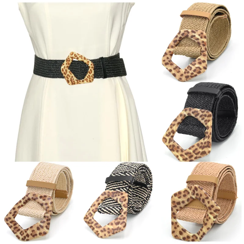 

Vintage Bohemian Wide Belt Summer Wooden Buckle Wild Braided Belt Female Leopard Buckle Linen Weave Women Fake Straw Waist Belt