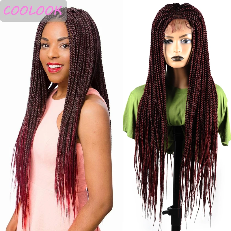 

30 Inch Long Box Braid Lace Wig Synthetic Box Braided Lace Front Wigs for Women African American Dark Red Wigs with Baby Hair