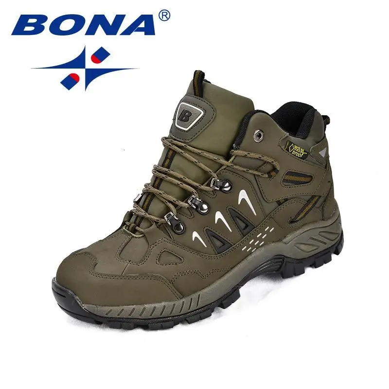 ARMY GREEN BLACK BONA/ стиль; мужские треккинговые ботинки из натуральной кожи; Мужская Спортивная обувь на шнуровке; мужские беговые треккинговые кроссовки; - Цвет: ARMY GREEN BLACK