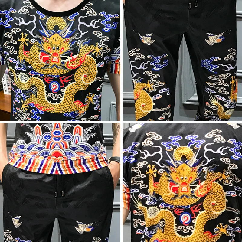 

Summer 2Pcs Tracksuit Men Dragon Print Men's Sportswear Casual Suits Jogging Homme Luxury Streetwear Social Sets Men Clothes
