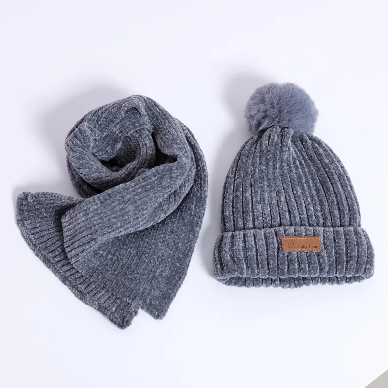 Gray 2Pcs 2 шт./3 шт./компл., детские наборы шарф Шапка Зимняя Теплая Бархатная шапка шарф перчатки для маленьких мальчиков и девочек, костюмы хлопковая шерсть Младенческая шапочка, шапки - Цвет: Gray 2Pcs