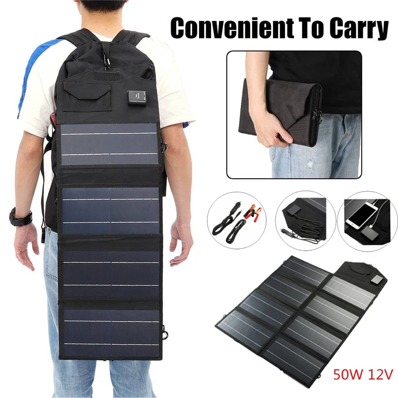 Murah 50W 12V Solar Panel Kit Dual USB Port Panel Surya Outdoor Tahan Air Folding Solar Panel Charger Untuk Mobil Baterai Ponsel Charger