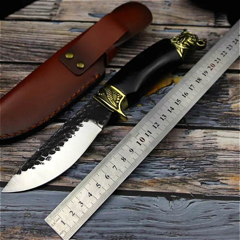 Охотничий нож прямой резец с черной деревянной ручкой и головой тигра для