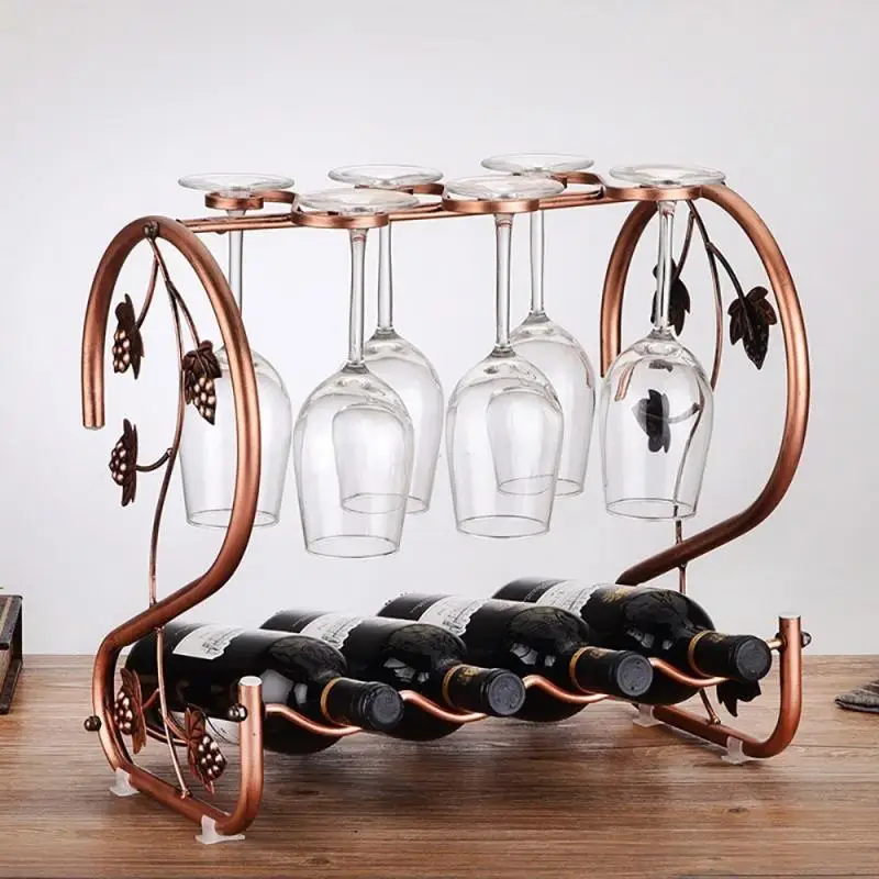 

Wine Rack Stand Drinking Glasses Hanging Bronze Iron Multi-Function Stemware Rack Shelf Wine Bottle & Glass Cup Holder Display