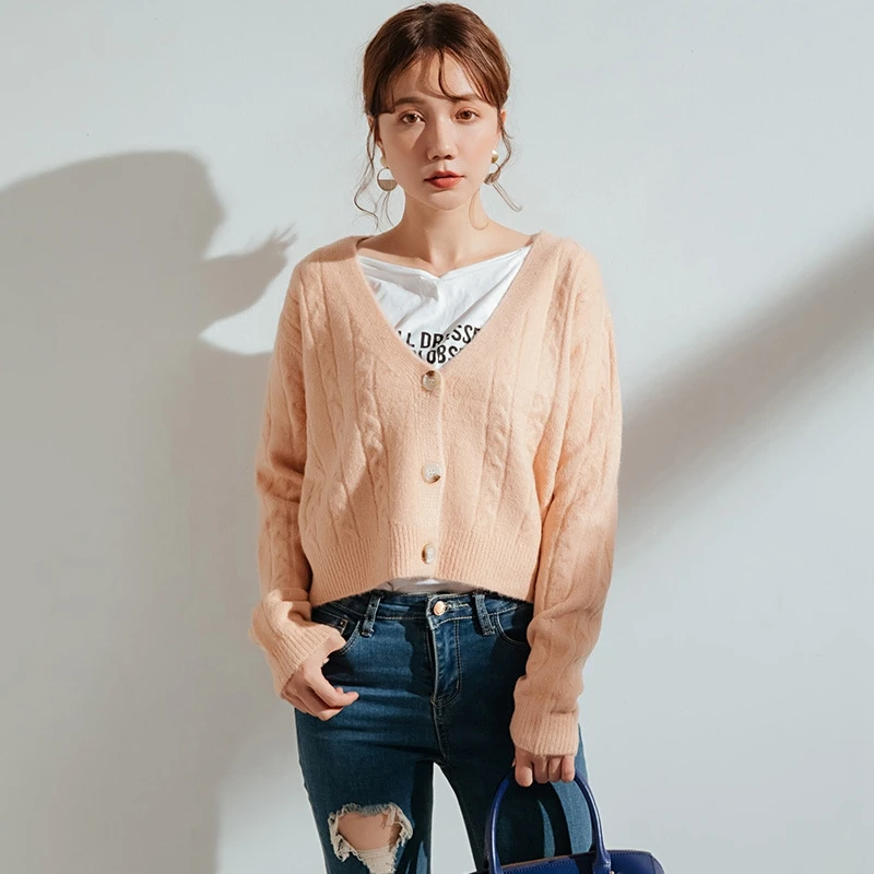 2019 Осень Зима Новый изогнутый шнур свитер пальто розовый зеленый корейский