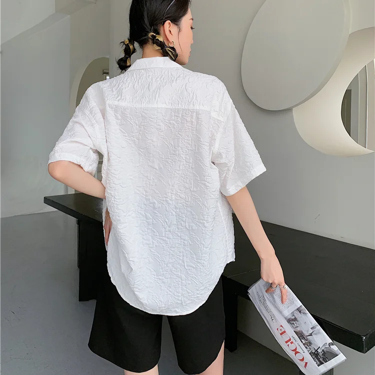 

Korejepo Women Shirt 2021 White Short Sleeve Casual Loose Fashion Embossed Pajama Collar Lazy Short-sleeved Blouse Mujer