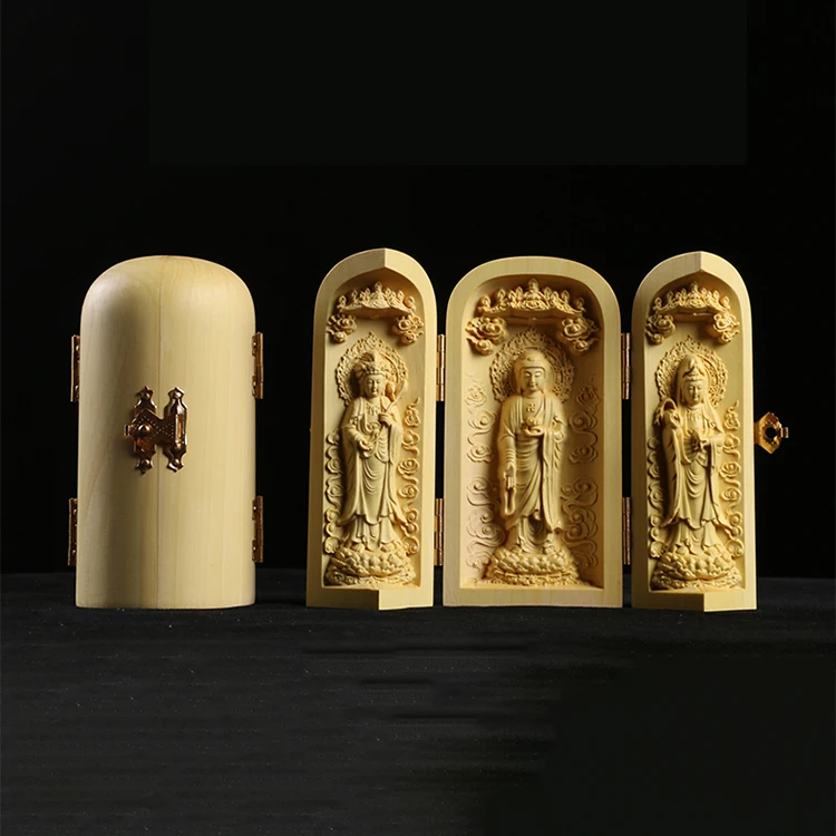 Скульптура Будды из самшита резьба три западных Сага Guanyin деревянная Будда Shrine Fu