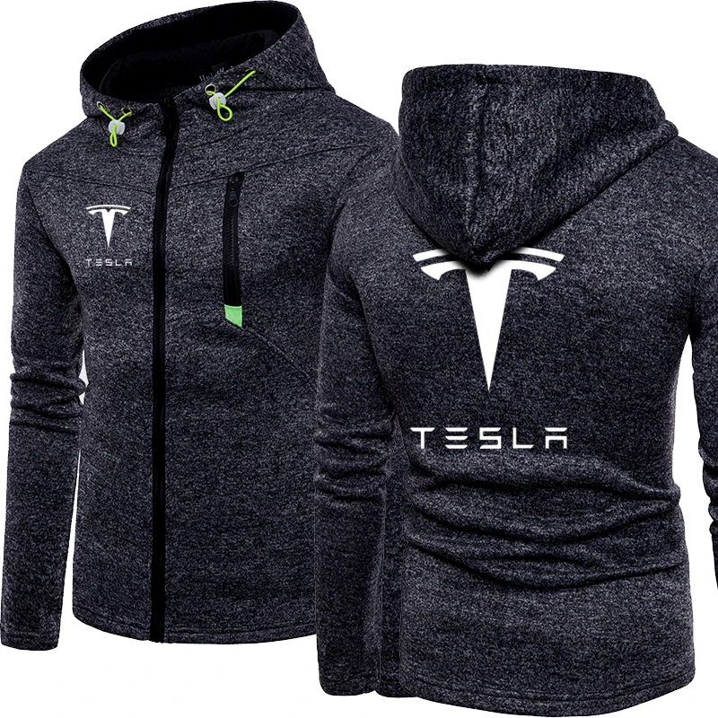 

New Spring Autumn Men's Tesla Logo Hoodie Fashion High Quality Hooded Sweatshirts Jacket Zipper Clothing 3 Color