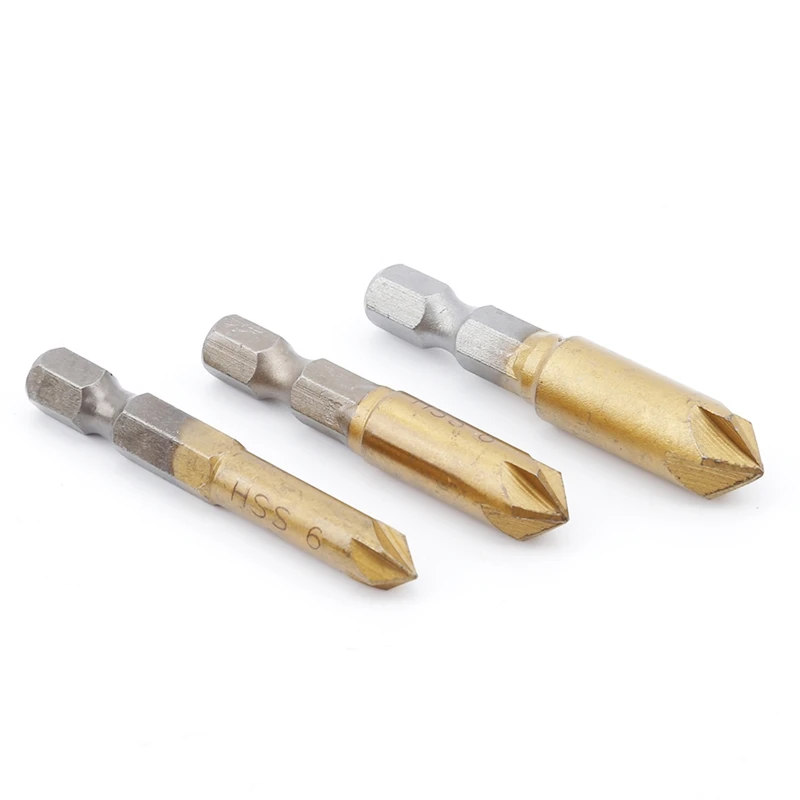 6PCS Gold 90 Degree Hexagon Shank Five-edge Chamfering Machine Tool Knife Woodworking Hole Opener High-speed Steel | Инструменты