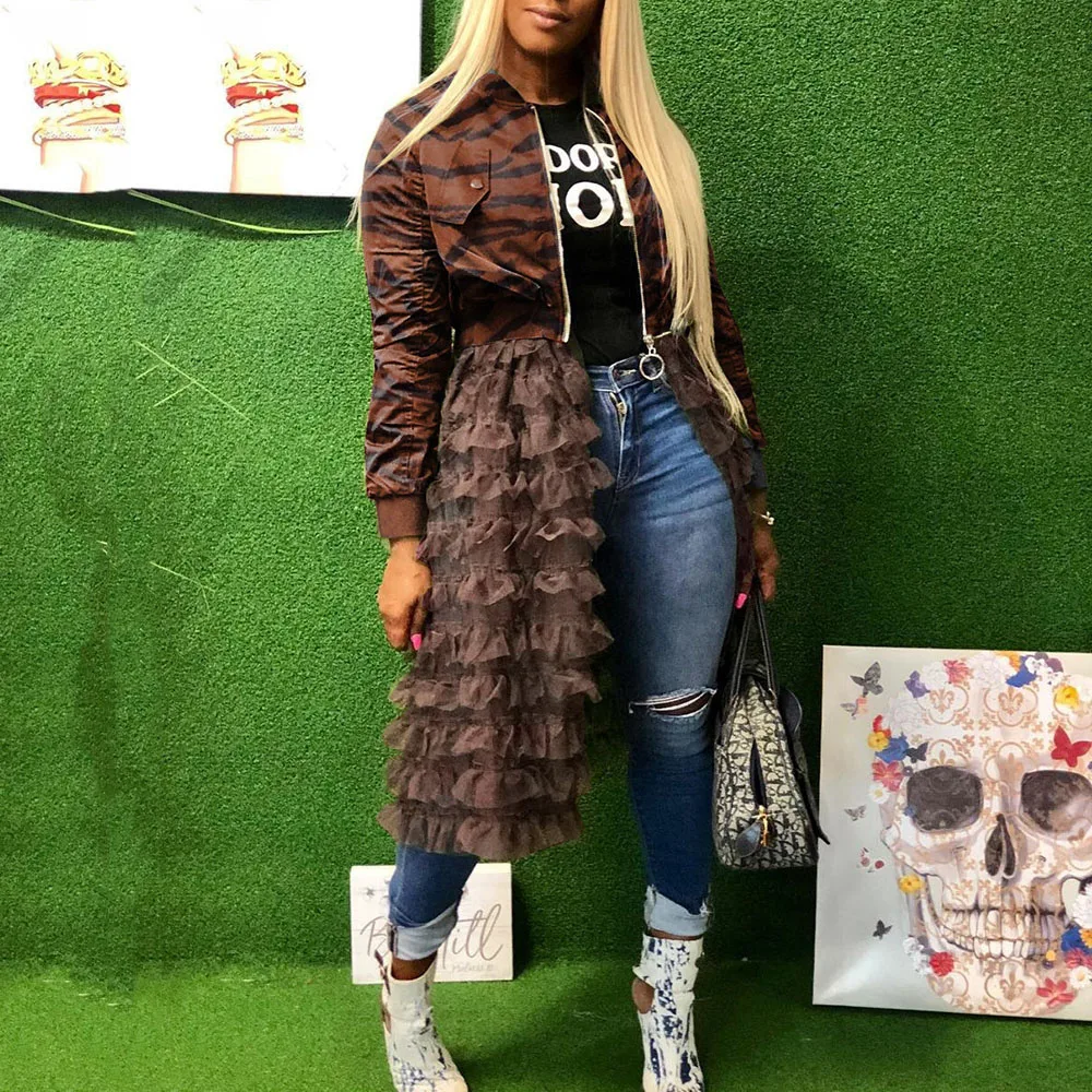 Леопардовая куртка Женская Лоскутная Сетка плиссированный Дизайн Весна 2020