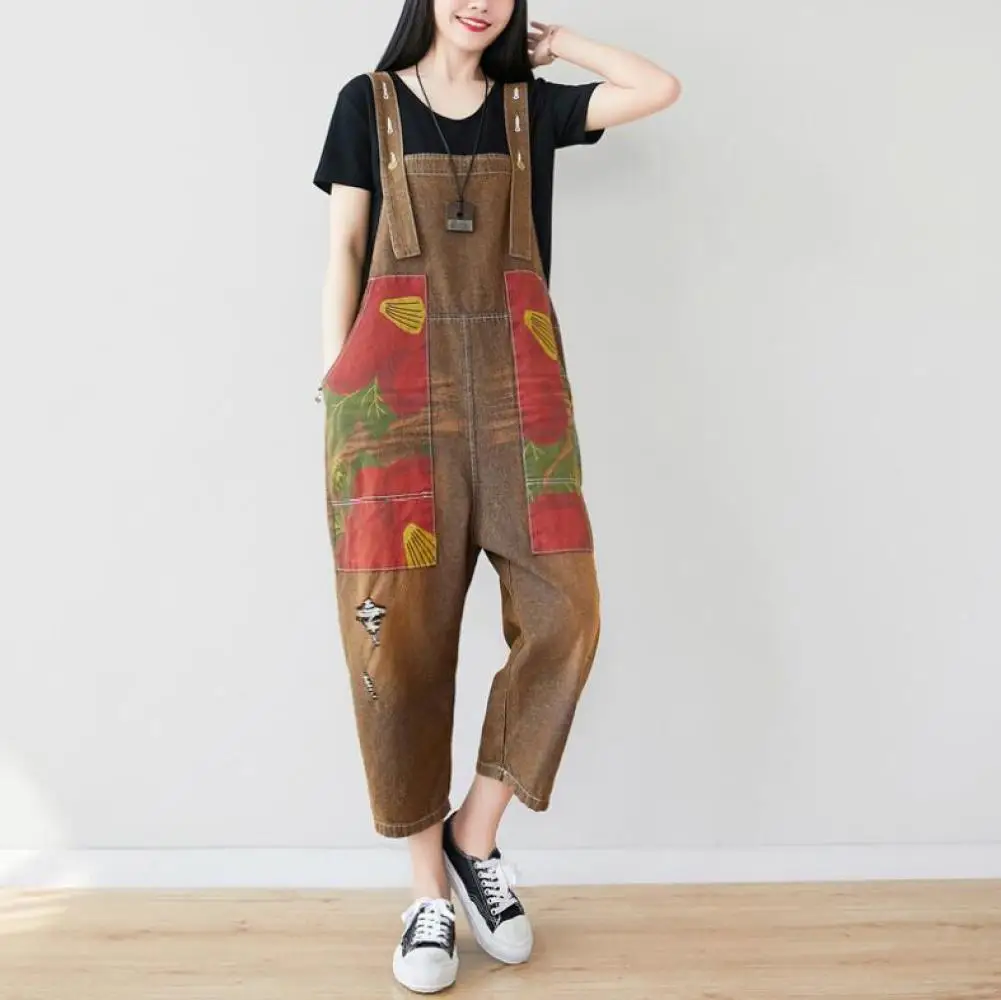 

Summer Literary Womens Fashion Patchwork Stitching Denim Hole Nine-point Jumpsuit Retro Washed Loose Casual Trousers