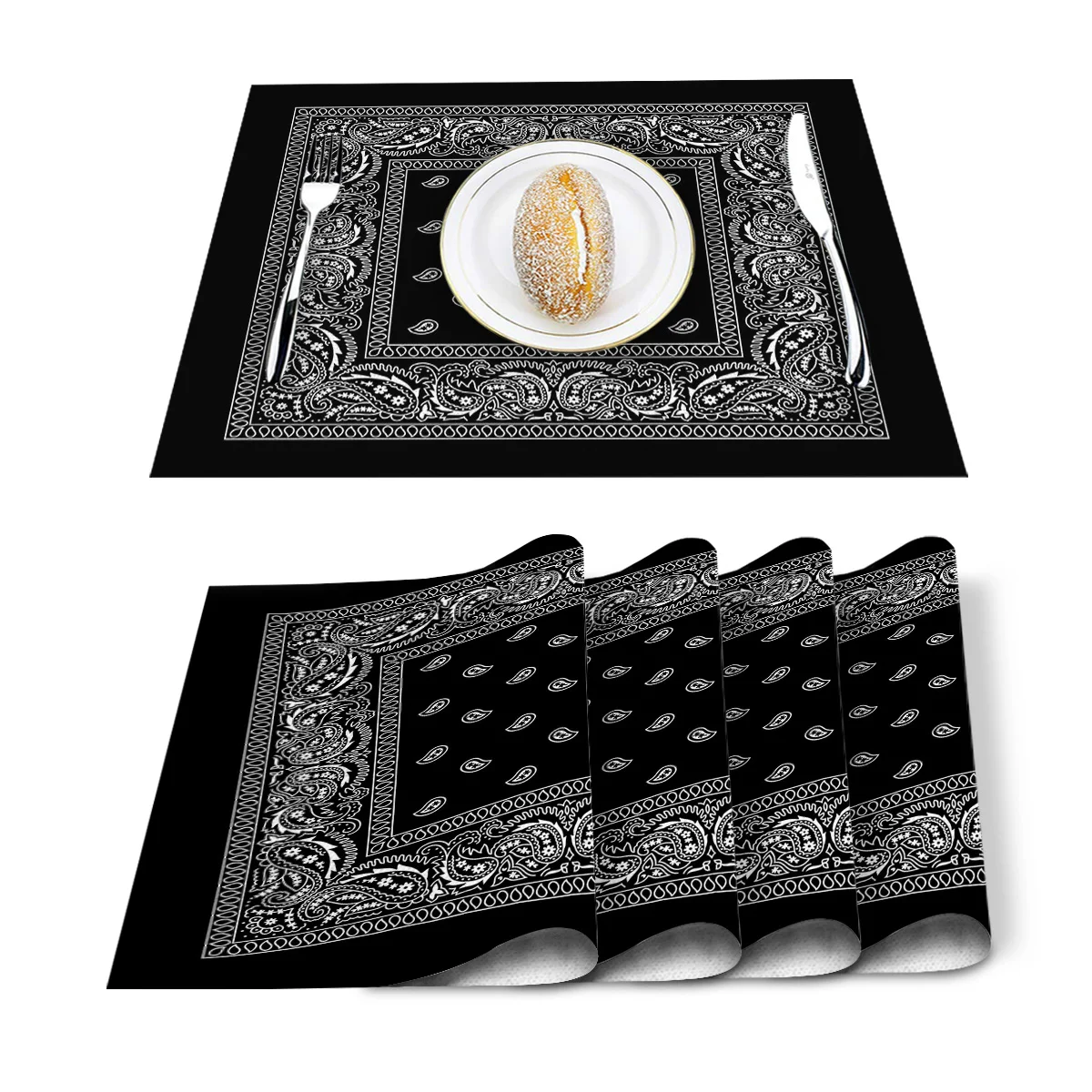 

Bandana Pattern Placemat Washable Cotton Linen Table Cloth Pad Mat Rectangle Placemats Heat Resistant