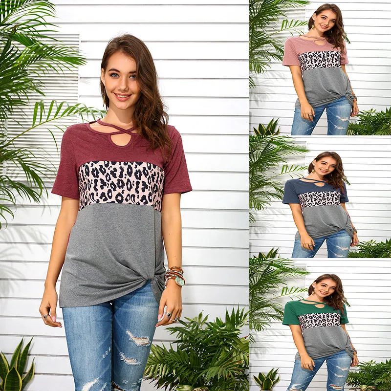 

Cross Strap Cutout Loose Casual Womens T-shirts Summer 2020 New Short Sleeve Leopard Printed Ladies Tee Shirts Tops Pullover Tee