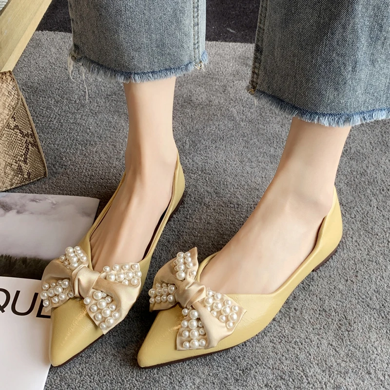 Summer Women's Pearl Bowknot Flats Comfortable Soft Sole Casual Shoes Woman New Pointed Toe String Bead Single Shoes