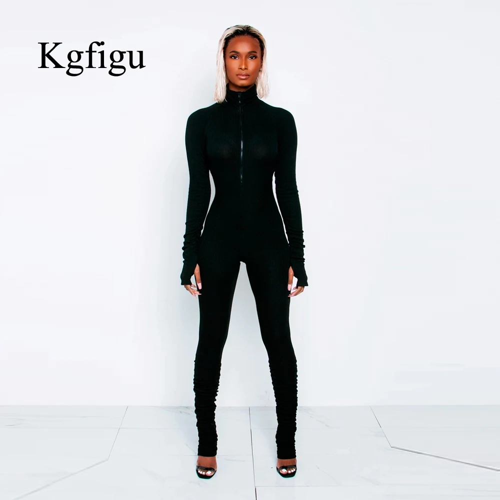 KGFIGU теплый солнечный оранжевый комбинезон для женщин, женские комплекты на молнии спереди с длинным рукавом, повседневные ребристые наряды, высокое качество, хорошо тянутся