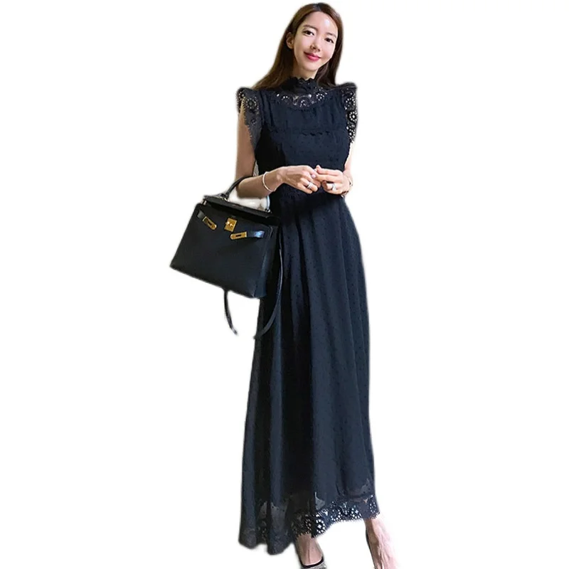 

Black lace Maxi Dress one piece korean ladies Sexy Office Sleeveless Crew neck Zipper Party Long Dress for women clothing