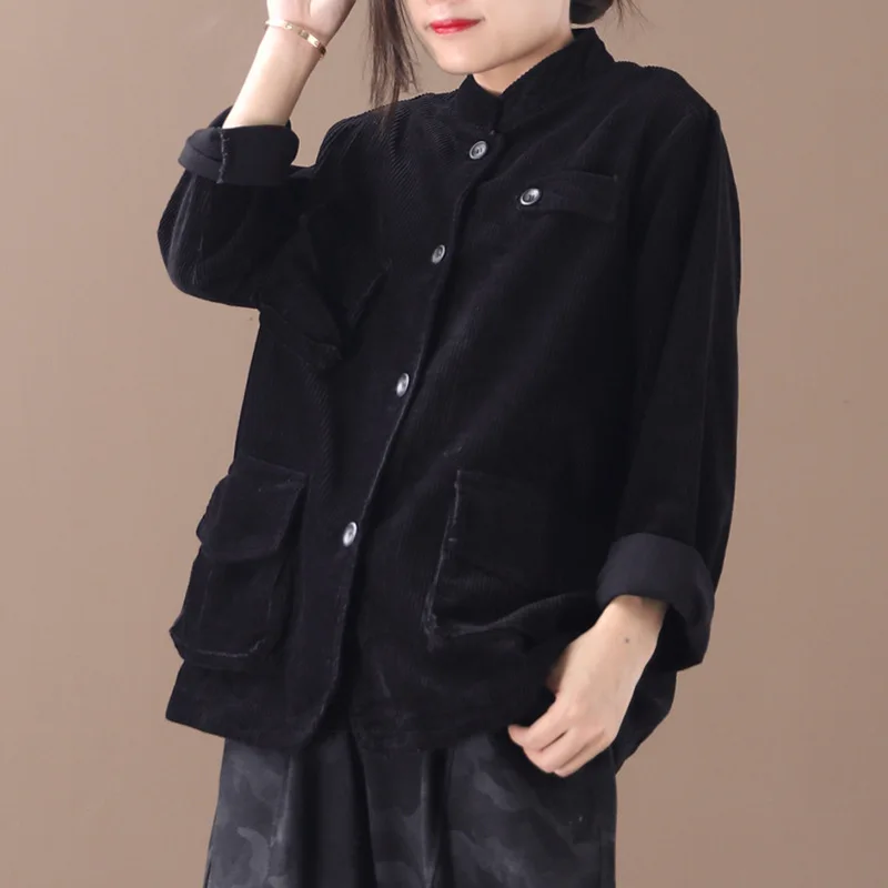 Осень 2019 женские повседневные однобортные вельветовые однотонные свободные