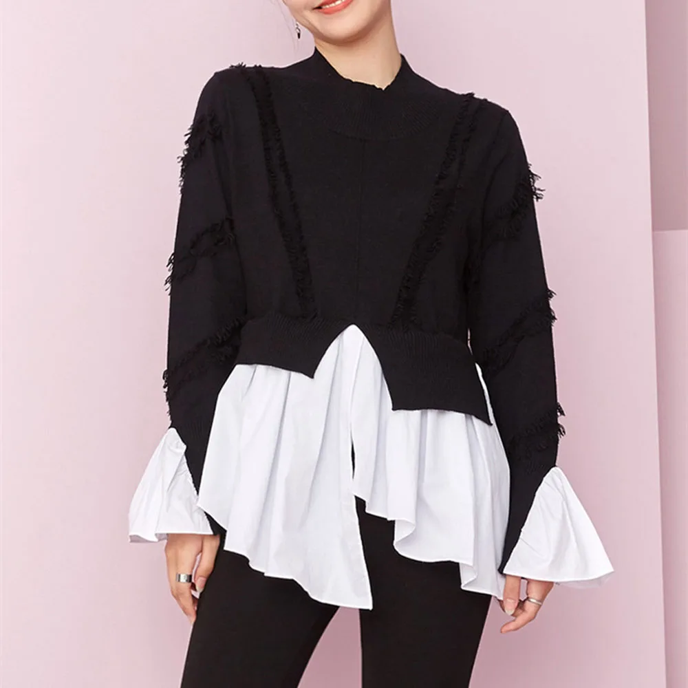 

Модный свитер для женщин 2021 Осень простой цветной блок с длинными рукавами Женская Асимметричная трикотажная одежда повседневные свободны...