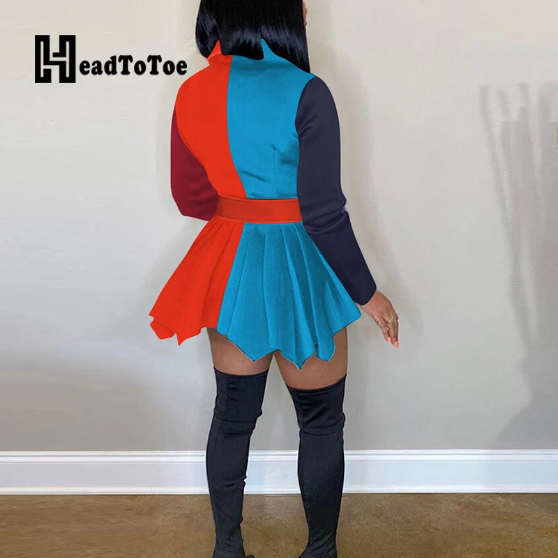 

Colorblock Print Double Breasted Sashes Fashion OL Dresses for Women Full Sleeve Turn Down Collar Pleated Dress Women