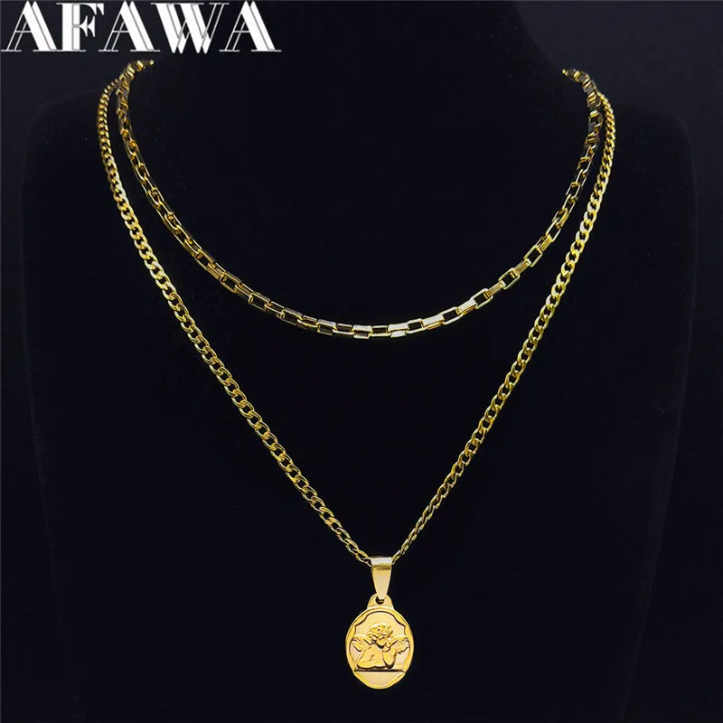 

2pcs Hip Hop Angle Stainless Steel Chain Necklace for Women Gold Color Layer Necklace Jewelry collares mujer NK50S02